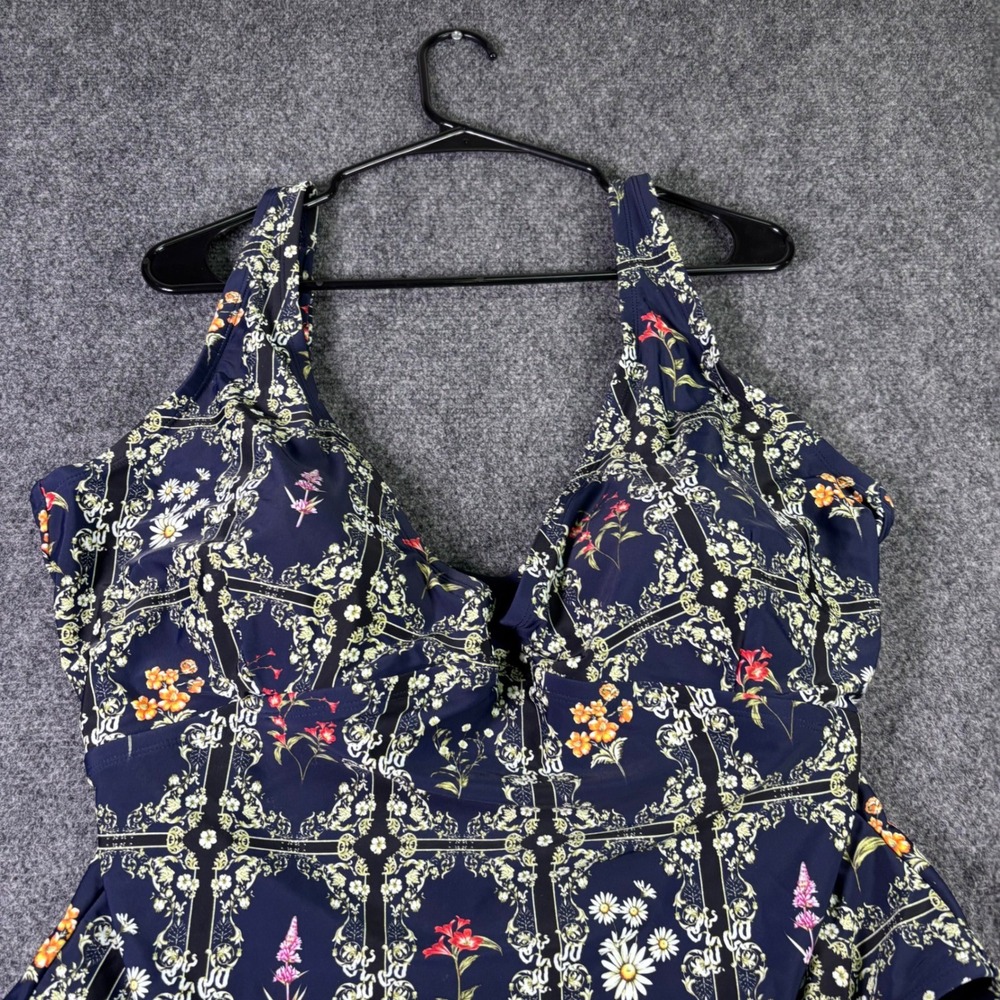 Agua Bendita Target One Piece Swimsuit Womens 2X Navy Blue Floral Trellis Padded - Picture 2 of 7